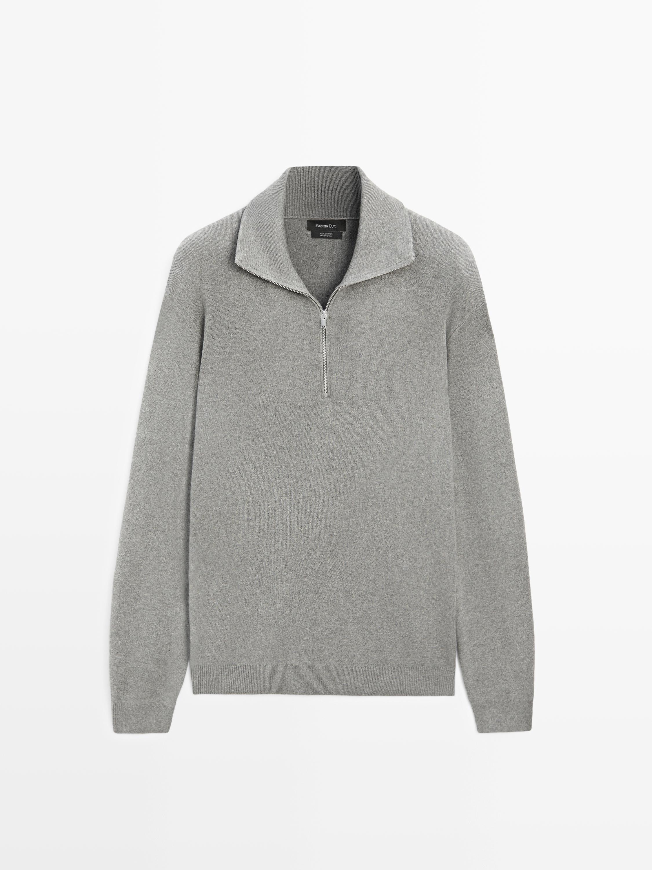 Cotton mock neck knit sweater with zip